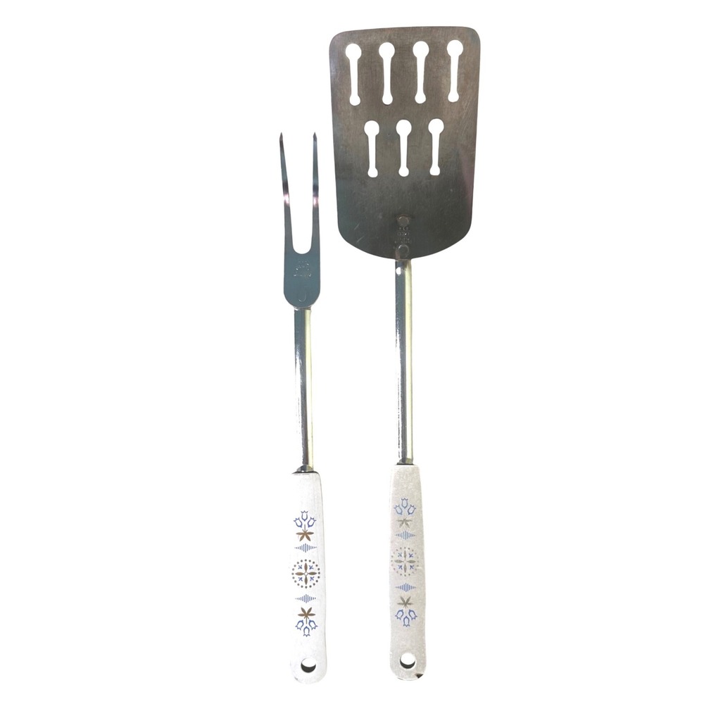 Vintage Ekco Stainless Steel Spatula and Meat Fork Set Blue Floral Handles USA
